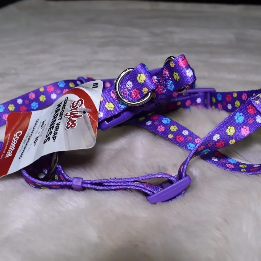 Purple Dog Harness Size Medium Paw Print Adjustable